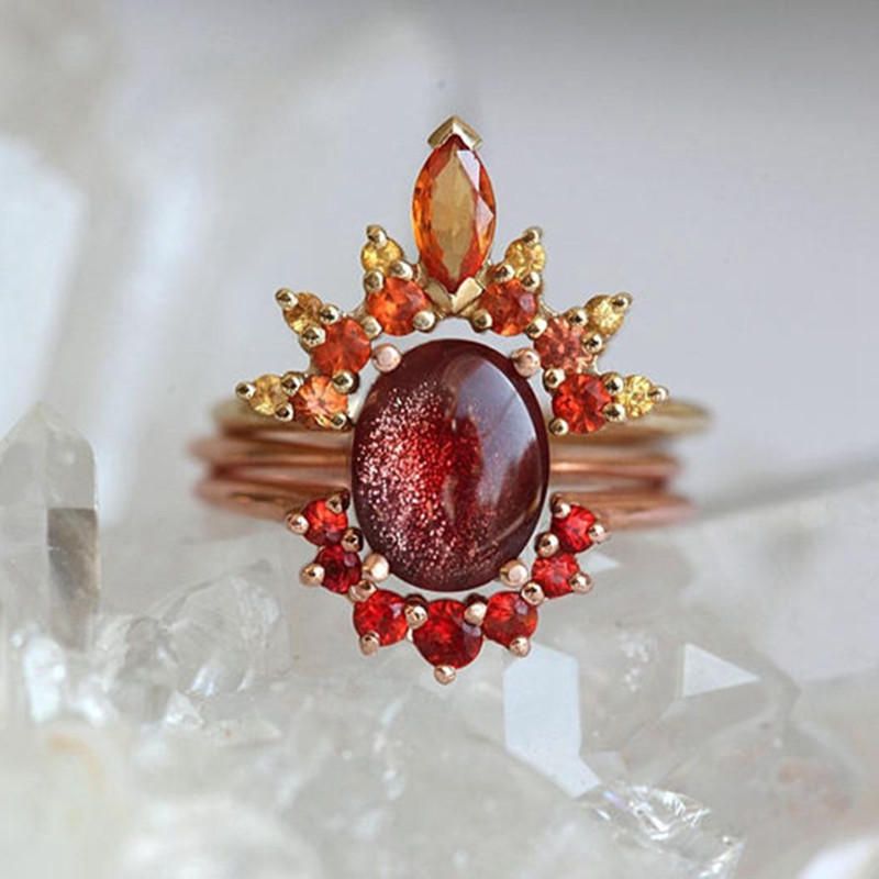 3 Sztuk/zestaw Stylowe Damskie Pierścionki Do Układania W Stosy Ruby Crystal Flower Charm Zestawy Pierścionków CZeskich Dla Kobiet