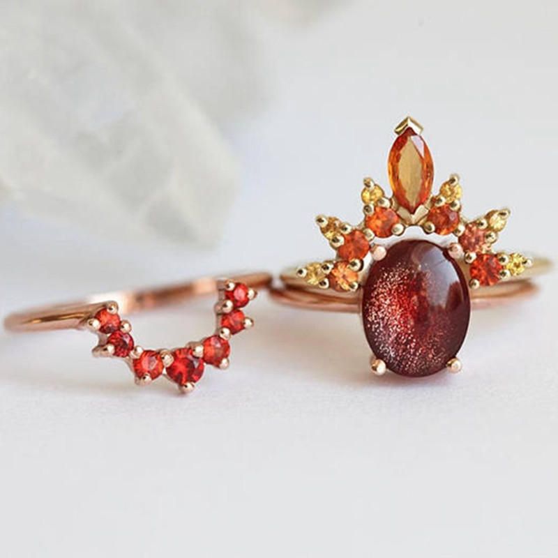 3 Sztuk/zestaw Stylowe Damskie Pierścionki Do Układania W Stosy Ruby Crystal Flower Charm Zestawy Pierścionków CZeskich Dla Kobiet