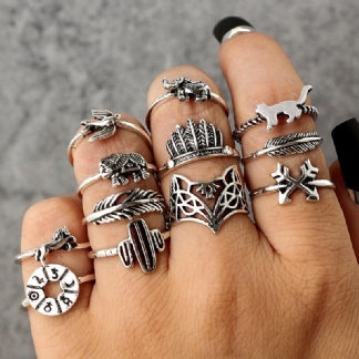 Vintage Geometryczne Zwierzęce Pierścienie Zestaw Hollow Kaktus Lisy Knuckle Ring Modna Biżuteria Dla Kobiet