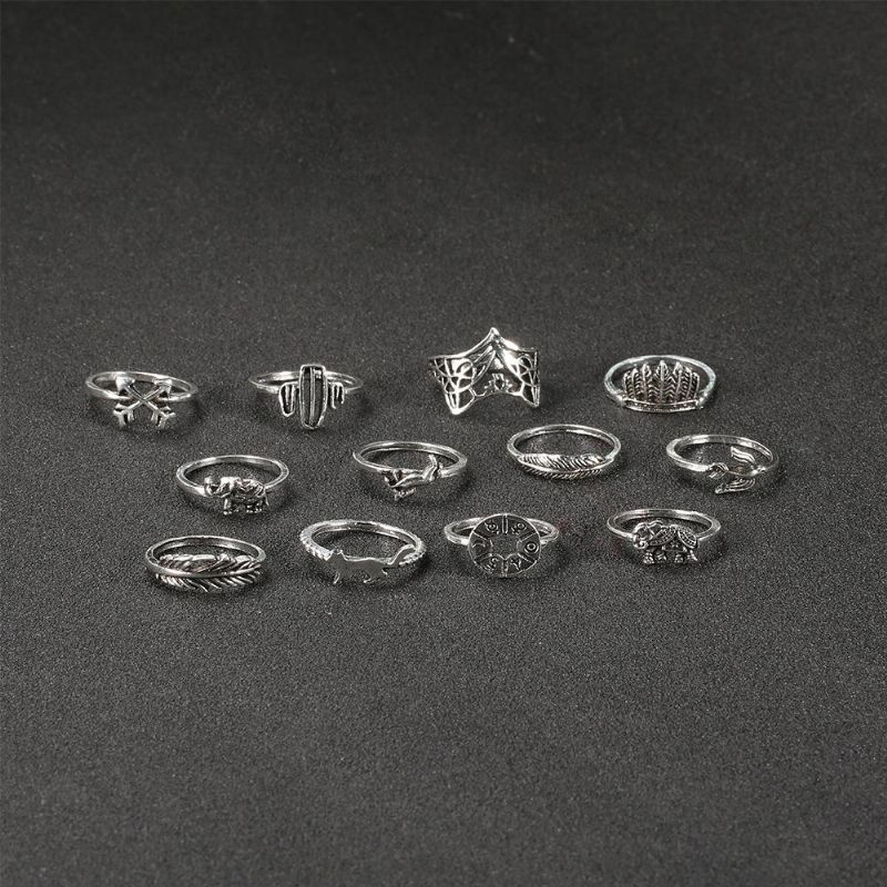 Vintage Geometryczne Zwierzęce Pierścienie Zestaw Hollow Kaktus Lisy Knuckle Ring Modna Biżuteria Dla Kobiet