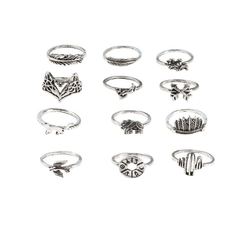 Vintage Geometryczne Zwierzęce Pierścienie Zestaw Hollow Kaktus Lisy Knuckle Ring Modna Biżuteria Dla Kobiet