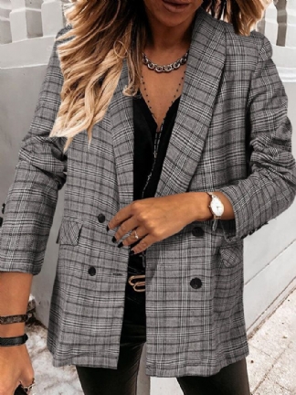 Kobiety Plaid Double Breasted Lapel Casual Cienkie Blazery Z Długim Rękawem