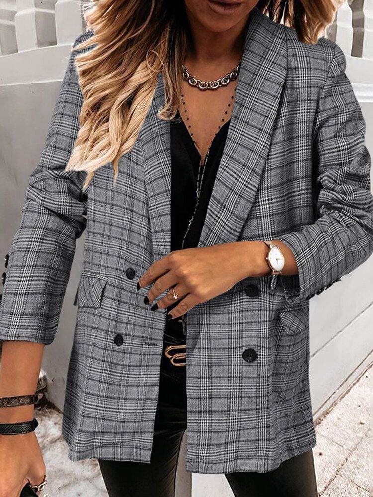 Kobiety Plaid Double Breasted Lapel Casual Cienkie Blazery Z Długim Rękawem