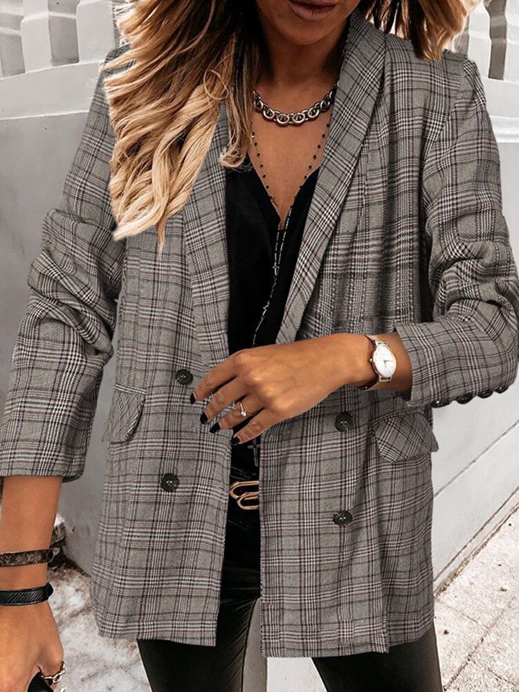 Kobiety Plaid Double Breasted Lapel Casual Cienkie Blazery Z Długim Rękawem