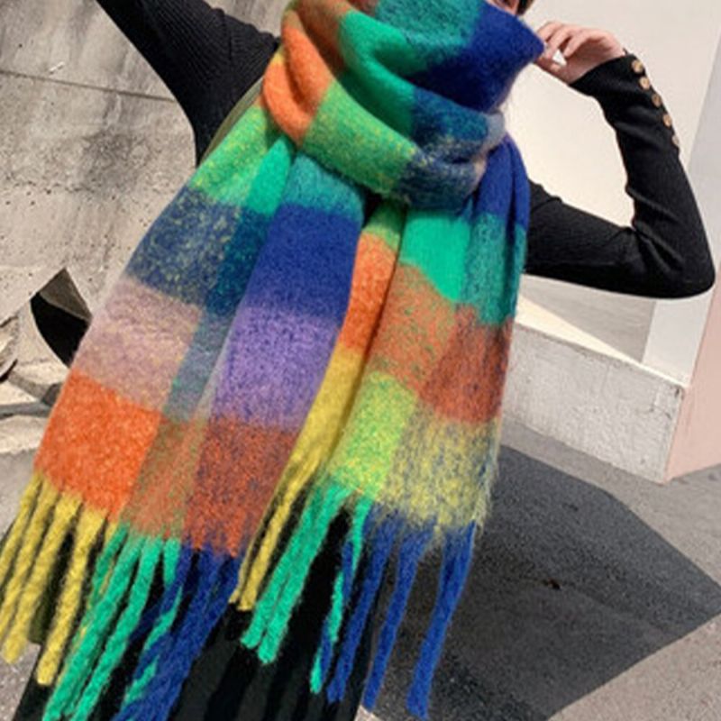 Kobiety Cashmere Podwójnego Zastosowania Rainbow Mieszane Kolorowe Paski Zagęścić Ciepły Plus Długi Szalik Z Frędzlami Szal