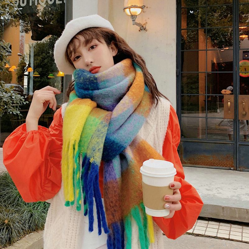 Kobiety Faux Cashmere Rainbow Patchwork Kolor Gruby Ciepły Wzór W Kratę Tassel Szalik