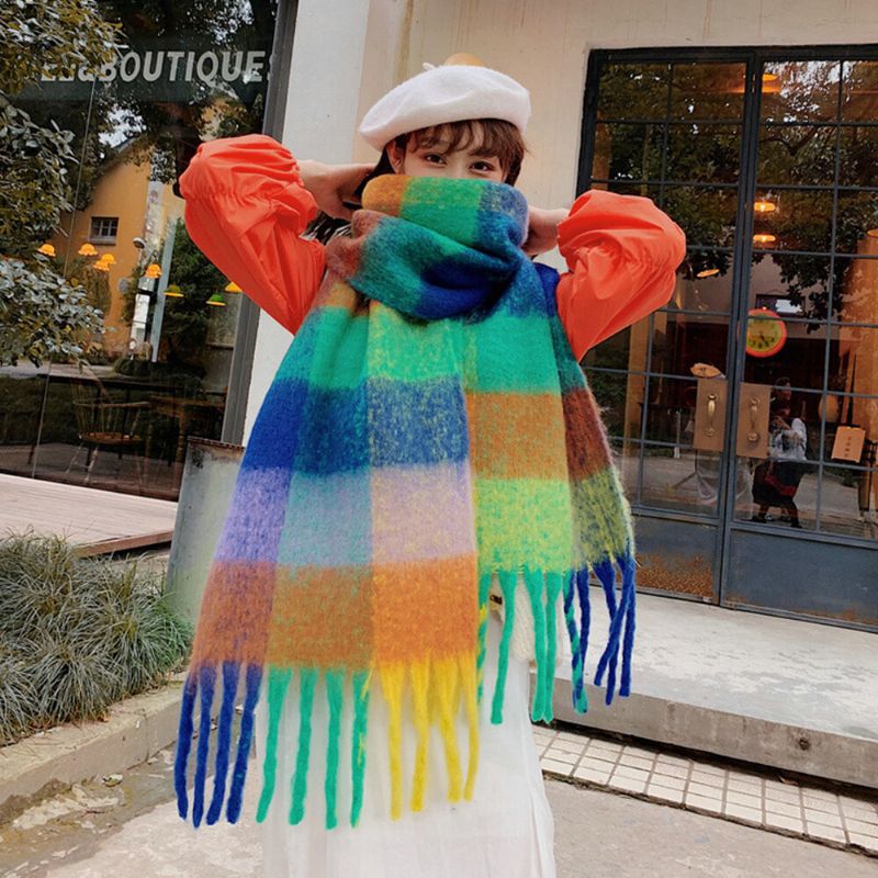 Kobiety Faux Cashmere Rainbow Patchwork Kolor Gruby Ciepły Wzór W Kratę Tassel Szalik