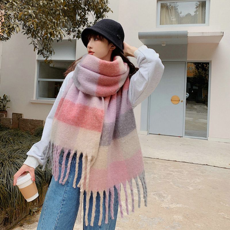 Kobiety Faux Cashmere Rainbow Patchwork Kolor Gruby Ciepły Wzór W Kratę Tassel Szalik