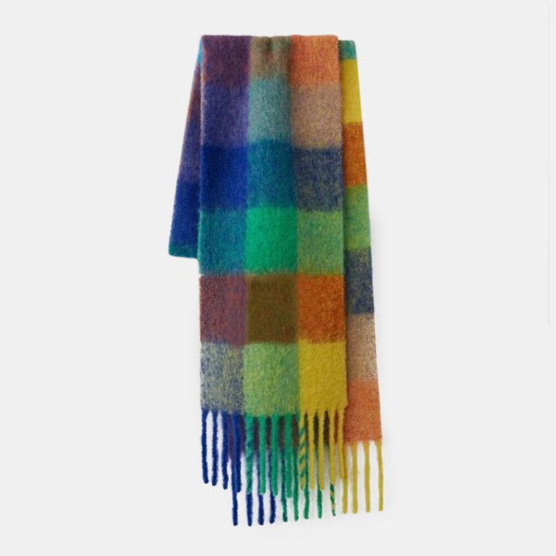 Kobiety Faux Cashmere Rainbow Patchwork Kolor Gruby Ciepły Wzór W Kratę Tassel Szalik