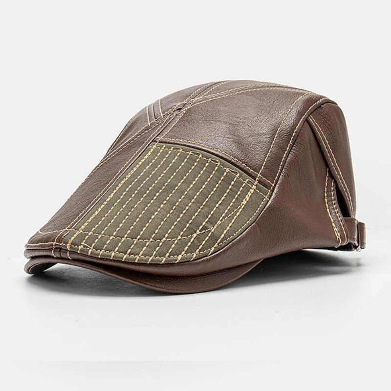 Collrown Męskie Pu Leather Stitch Stripes Beret Cap Retro Regulowana Wysokiej Jakości CZapka Gazeciarza Płaska CZapka