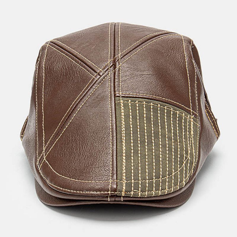 Collrown Męskie Pu Leather Stitch Stripes Beret Cap Retro Regulowana Wysokiej Jakości CZapka Gazeciarza Płaska CZapka