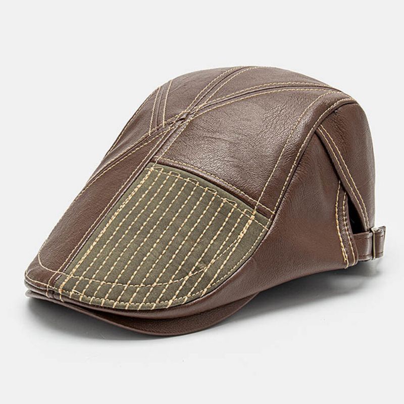 Collrown Męskie Pu Leather Stitch Stripes Beret Cap Retro Regulowana Wysokiej Jakości CZapka Gazeciarza Płaska CZapka