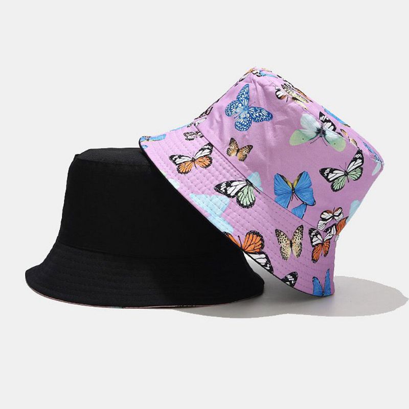 Damski Dwustronny Bawełniany Wzór Motylkowy Casual Young Sunvisor Bucket Hat