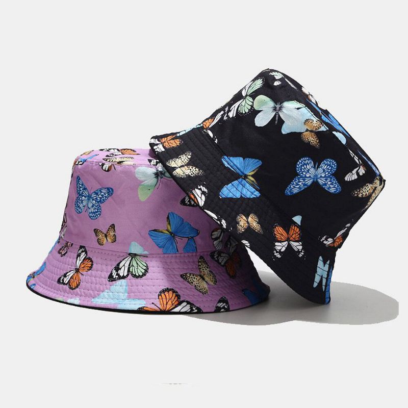 Damski Dwustronny Bawełniany Wzór Motylkowy Casual Young Sunvisor Bucket Hat