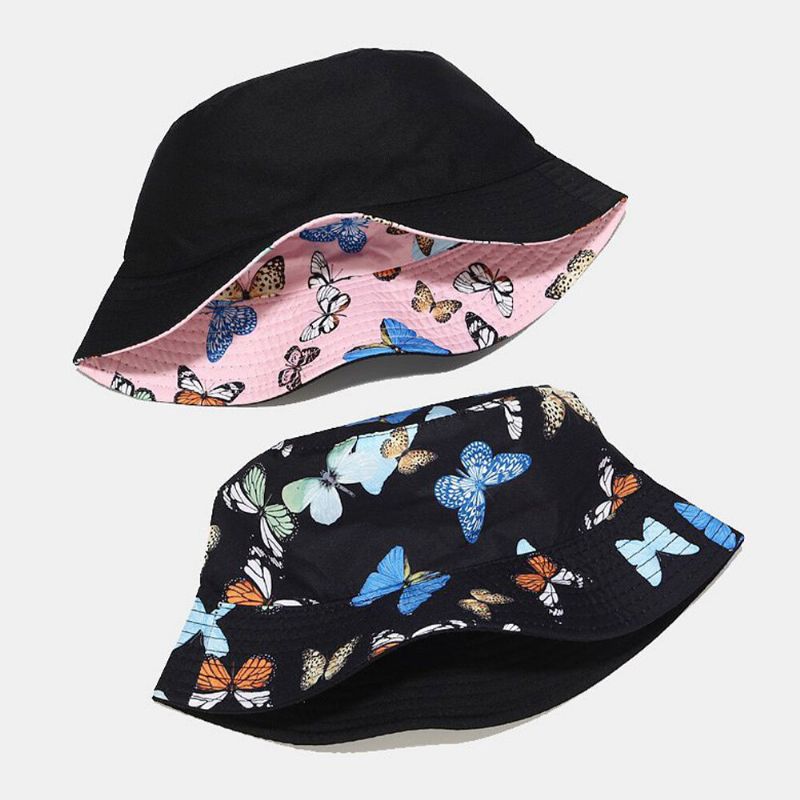 Damski Dwustronny Bawełniany Wzór Motylkowy Casual Young Sunvisor Bucket Hat