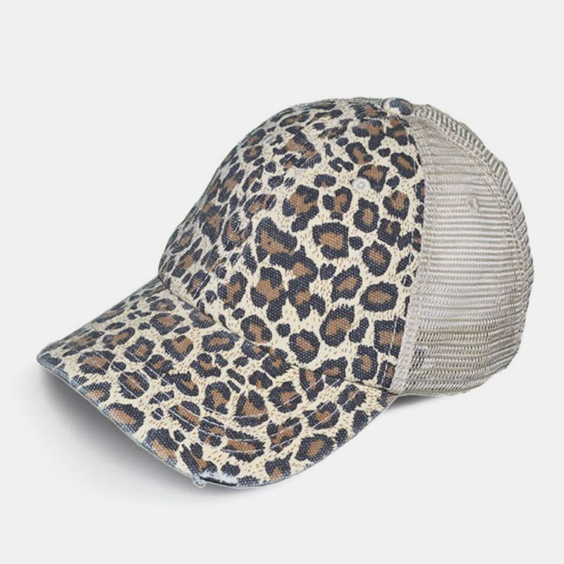 Kobiety Made-old Breaking Hole Leopard Pattern Fashion Hollow Out Ripped Washed Baseball Hat