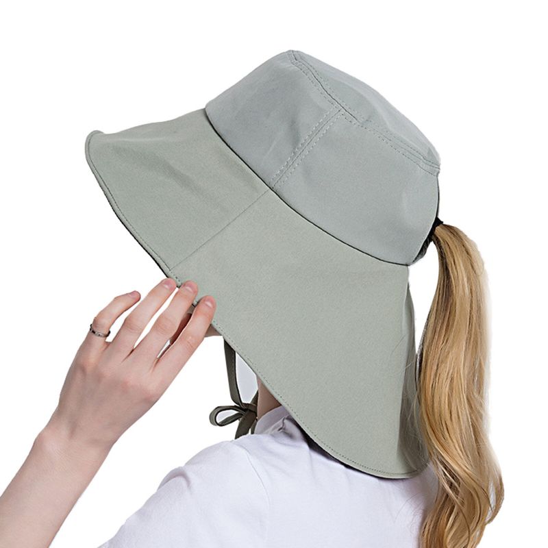 Kobiety Poliester Tkanina Casual Outdoor Back Brim Rozszerzony Kucyk Składane Kapelusze Wiadro Przeciwsłoneczne