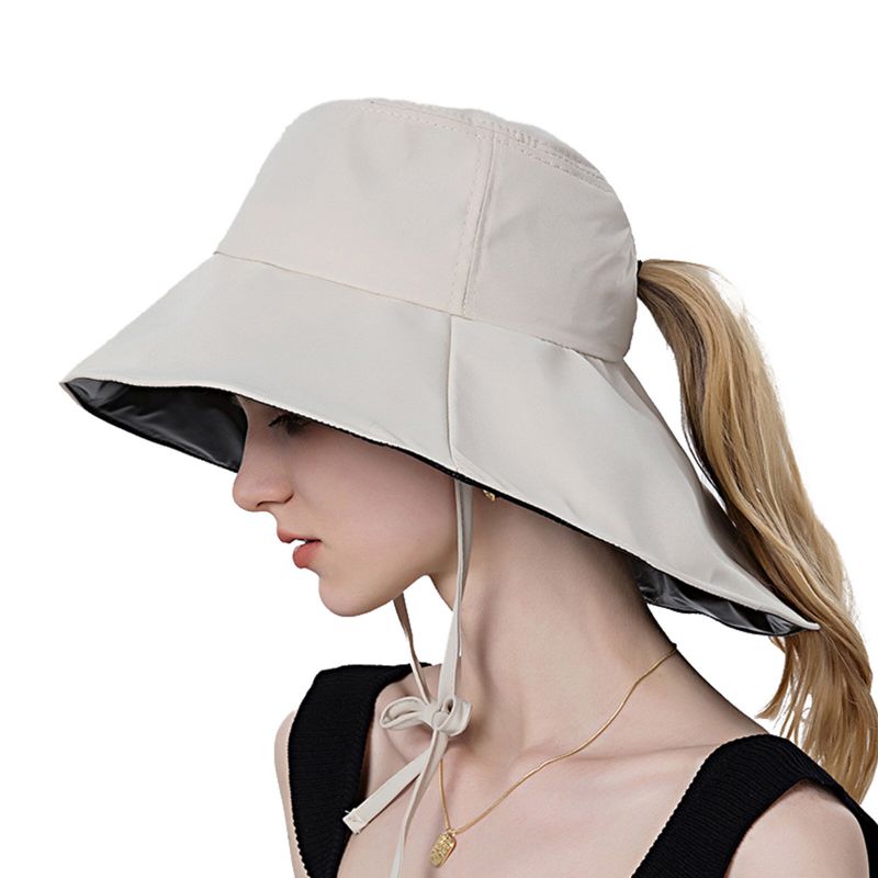 Kobiety Poliester Tkanina Casual Outdoor Back Brim Rozszerzony Kucyk Składane Kapelusze Wiadro Przeciwsłoneczne