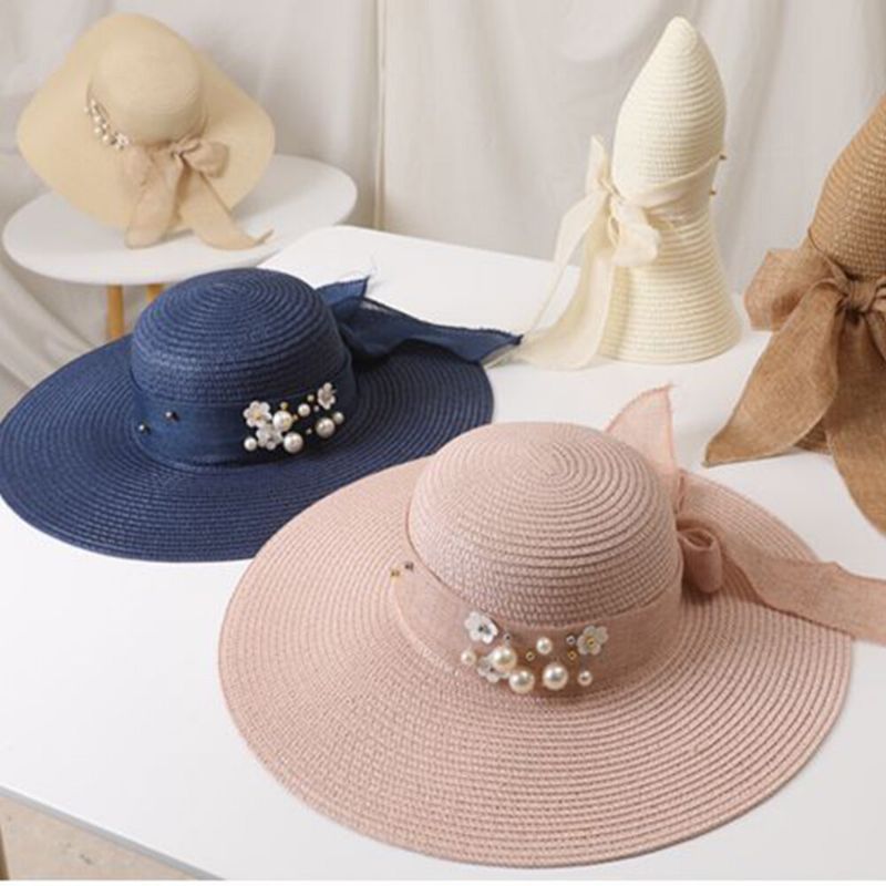 Kobiety Słomy Jednokolorowe Eleganckie Duże Rondo Pearl Bowknot Falista Krawędź Kapelusz Przeciwsłoneczny Kapelusz Plażowy Kapelusz Typu Bucket