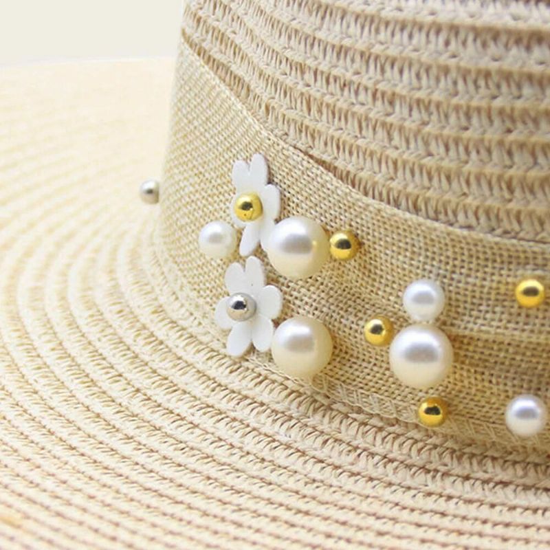 Kobiety Słomy Jednokolorowe Eleganckie Duże Rondo Pearl Bowknot Falista Krawędź Kapelusz Przeciwsłoneczny Kapelusz Plażowy Kapelusz Typu Bucket