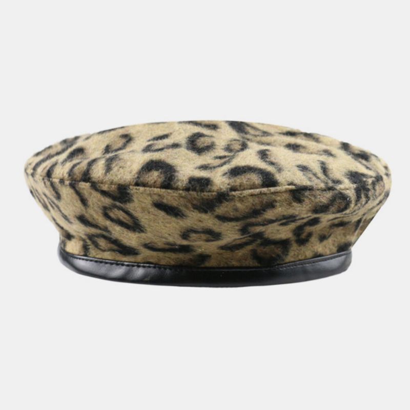 Kobiety Wełna Leopard Ciepły Retro Kapelusz Malarza Beret Kapelusz Ośmiokątny Kapelusz Płaski