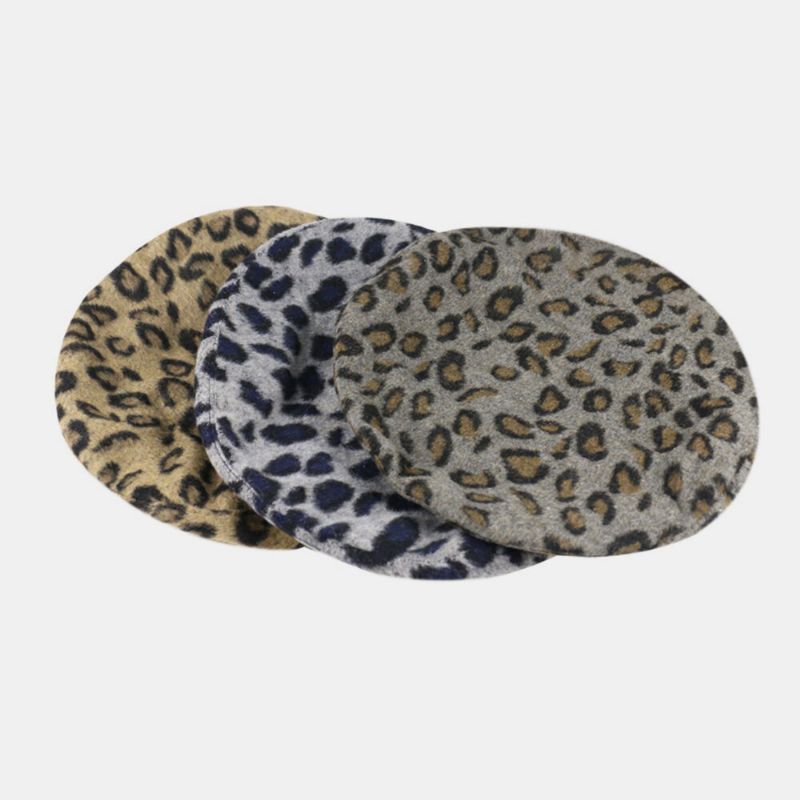 Kobiety Wełna Leopard Ciepły Retro Kapelusz Malarza Beret Kapelusz Ośmiokątny Kapelusz Płaski