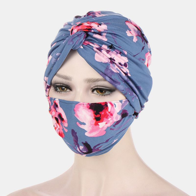 Kobiety Wiązane CZapka Typu Beanie Zestaw Masek Poliester Kwiatowy Liście Tie-dye Wzór W Cętki Nadruk Anty-duszony Guzik Oddychający Turban Kapelusz