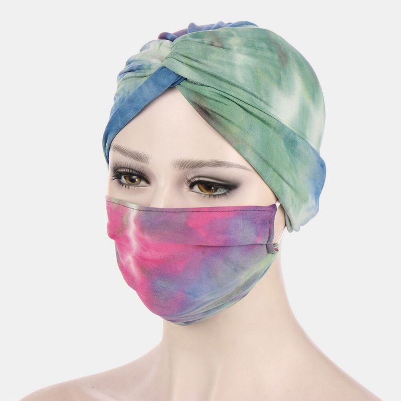 Kobiety Wiązane CZapka Typu Beanie Zestaw Masek Poliester Kwiatowy Liście Tie-dye Wzór W Cętki Nadruk Anty-duszony Guzik Oddychający Turban Kapelusz