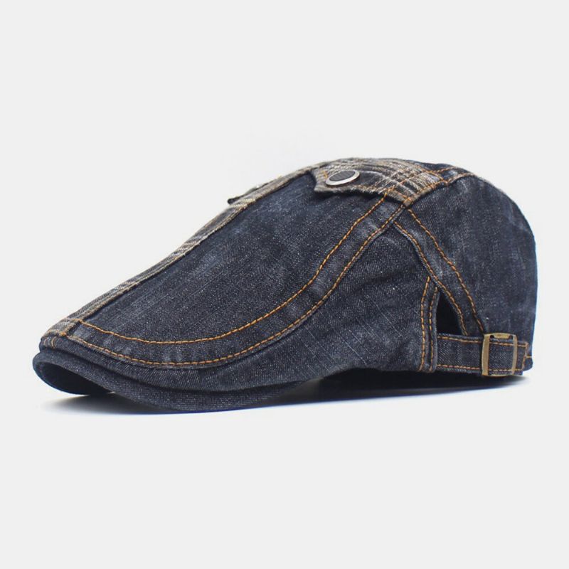 Mężczyźni Denim Dwie Kieszenie Dekoracja Retro Zewnętrzna Osłona Przeciwsłoneczna Kapelusz Do Przodu Beret Kapelusz Płaski Kapelusz