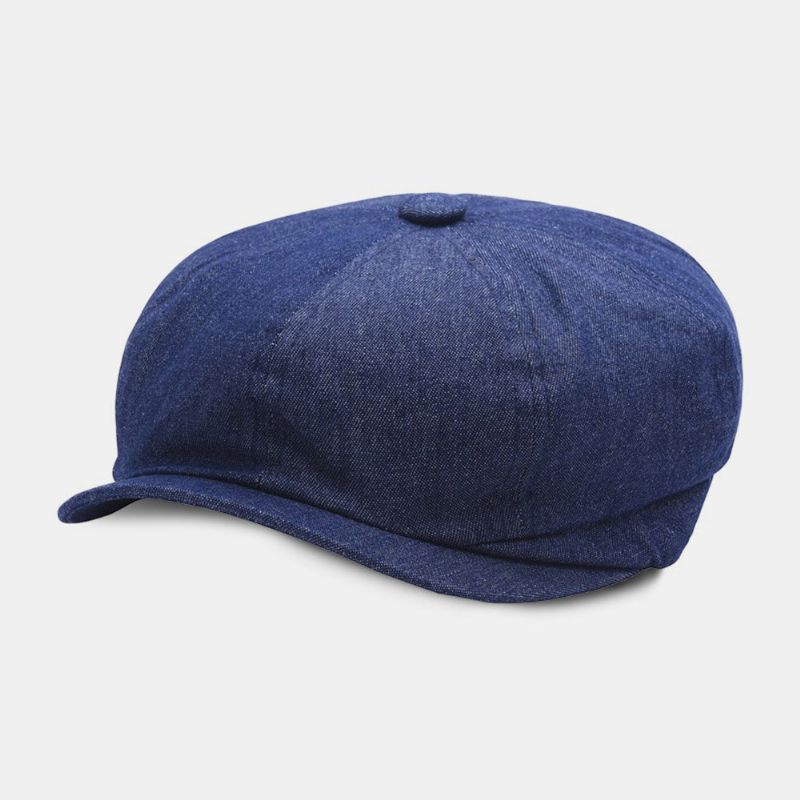 Mężczyźni Denim Patchwork Beret Cap Casual Retro Gumką Ośmioboczny Kapelusz Płaski Kapelusz Malarz Gazeciarz Cap