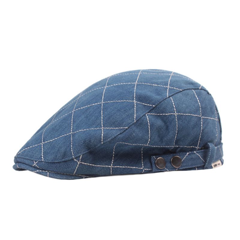 Mężczyźni Denim Plaid Pattern Parasolka Z Krótkim Rondem Casual Vintage Forward CZapki Beret Płaskie Caps