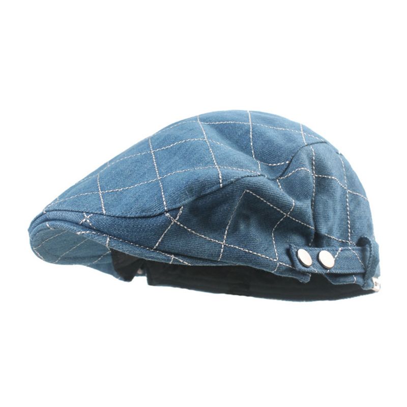 Mężczyźni Denim Plaid Pattern Parasolka Z Krótkim Rondem Casual Vintage Forward CZapki Beret Płaskie Caps