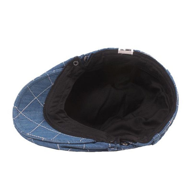 Mężczyźni Denim Plaid Pattern Parasolka Z Krótkim Rondem Casual Vintage Forward CZapki Beret Płaskie Caps