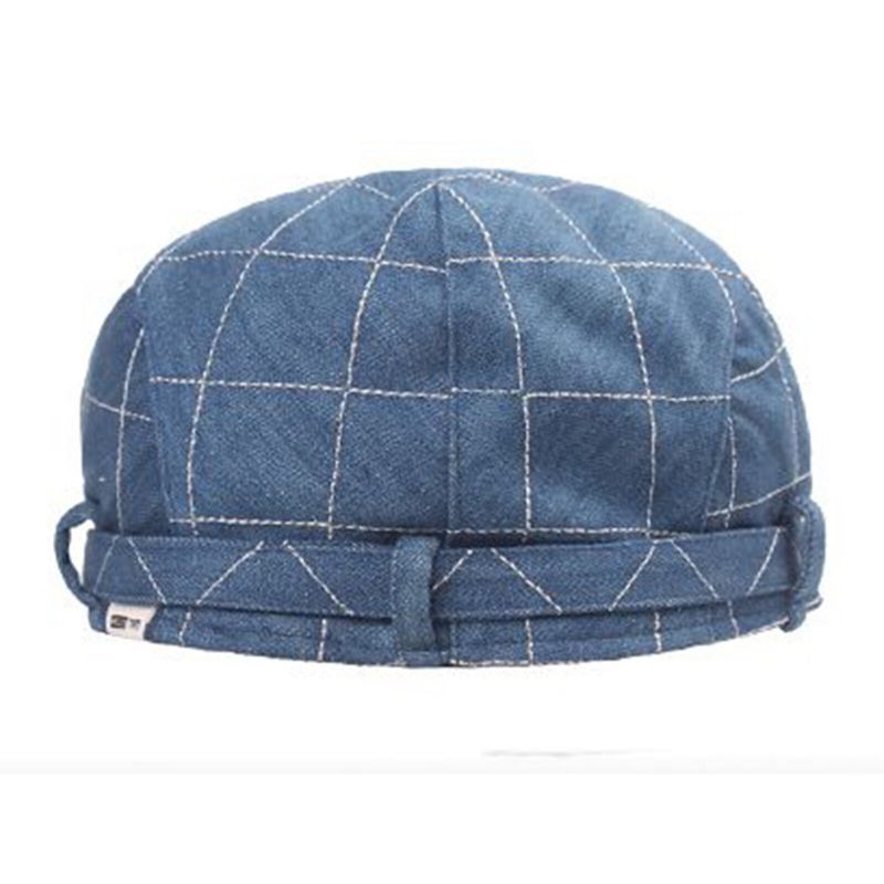 Mężczyźni Denim Plaid Pattern Parasolka Z Krótkim Rondem Casual Vintage Forward CZapki Beret Płaskie Caps