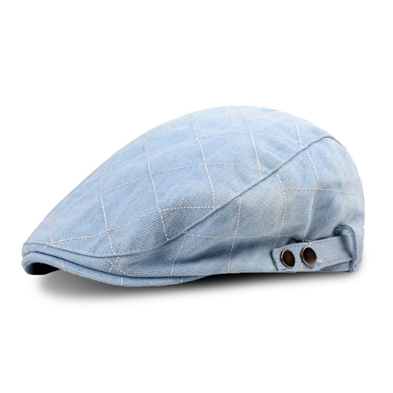 Mężczyźni Denim Plaid Pattern Parasolka Z Krótkim Rondem Casual Vintage Forward CZapki Beret Płaskie Caps