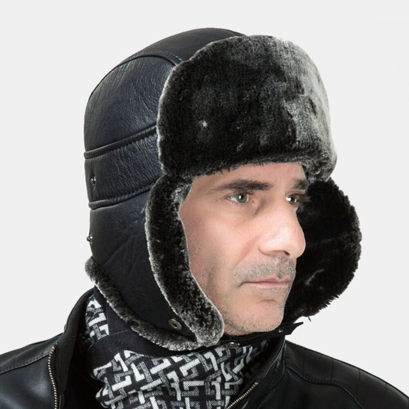 Mężczyźni Pu Leather Winter Zagęścić Plus Velvet Warm Traper Kapelusz Outdoor Windproof Cool Protection Kapelusz Uszanka