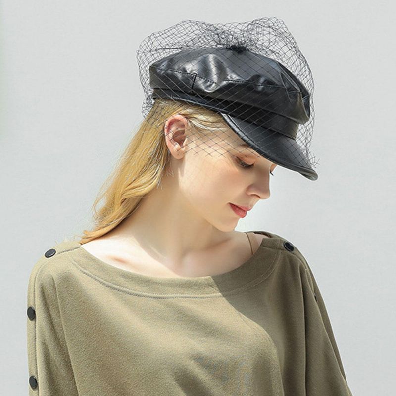 Mesh Faux Leather Beret Literacki Dziki Ośmiokątny Kapelusz Wojskowy CZapka Wojskowa Płaskie Kapelusze