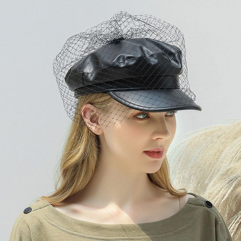 Mesh Faux Leather Beret Literacki Dziki Ośmiokątny Kapelusz Wojskowy CZapka Wojskowa Płaskie Kapelusze