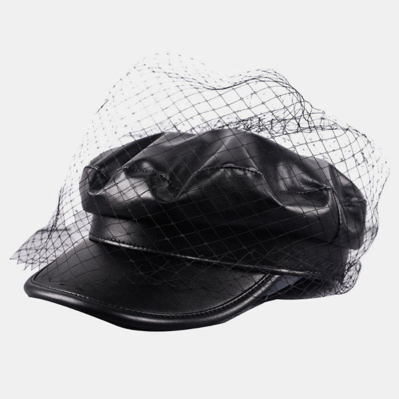 Mesh Faux Leather Beret Literacki Dziki Ośmiokątny Kapelusz Wojskowy CZapka Wojskowa Płaskie Kapelusze