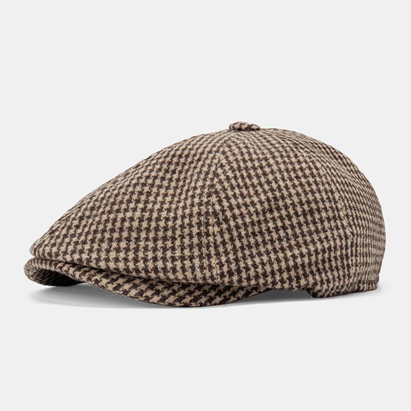 Męska Bawełniana CZapka Dacron Houndstooth Z Krótkim Rondem Beret Płaska CZapka Brytyjska Retro Ośmiokątna CZapka