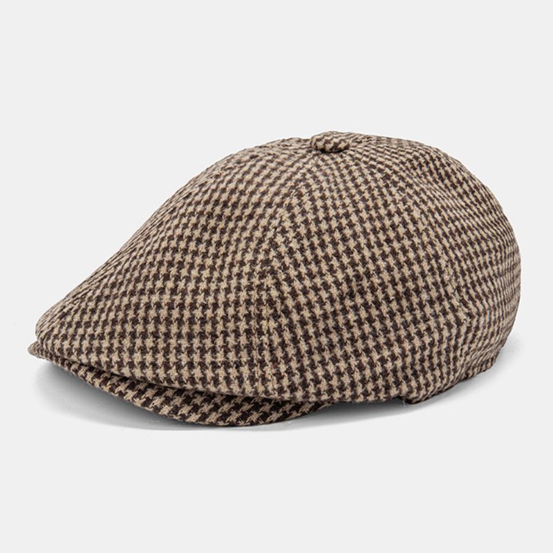 Męska Bawełniana CZapka Dacron Houndstooth Z Krótkim Rondem Beret Płaska CZapka Brytyjska Retro Ośmiokątna CZapka