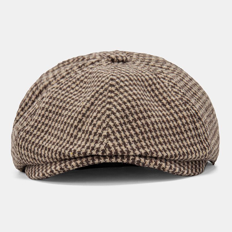 Męska Bawełniana CZapka Dacron Houndstooth Z Krótkim Rondem Beret Płaska CZapka Brytyjska Retro Ośmiokątna CZapka