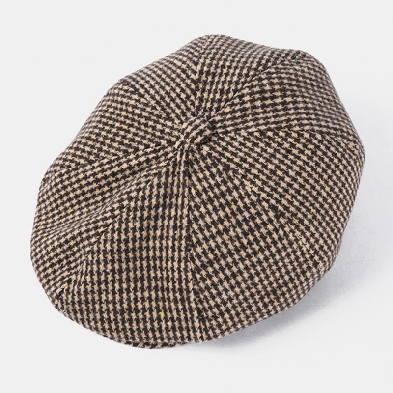 Męska Bawełniana CZapka Dacron Houndstooth Z Krótkim Rondem Beret Płaska CZapka Brytyjska Retro Ośmiokątna CZapka