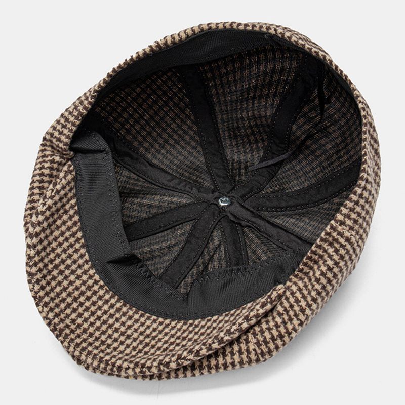 Męska Bawełniana CZapka Dacron Houndstooth Z Krótkim Rondem Beret Płaska CZapka Brytyjska Retro Ośmiokątna CZapka