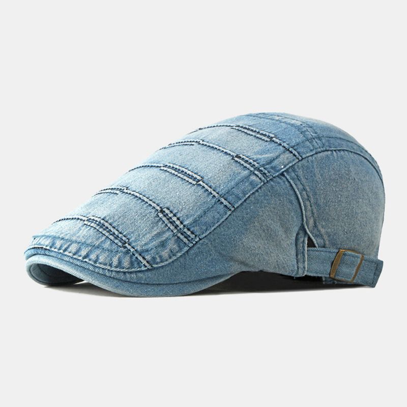 Męska CZapka Gazeciarza Washed Denim Solidne Paski Szwy Casual Forward Kapelusz Beret Płaskie Cap