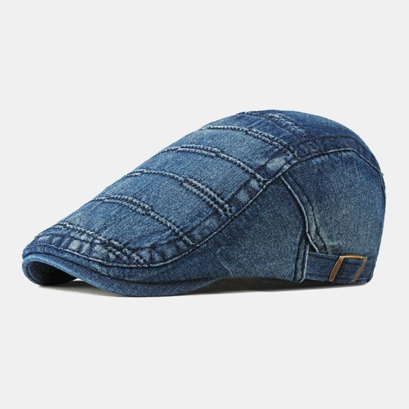 Męska CZapka Gazeciarza Washed Denim Solidne Paski Szwy Casual Forward Kapelusz Beret Płaskie Cap