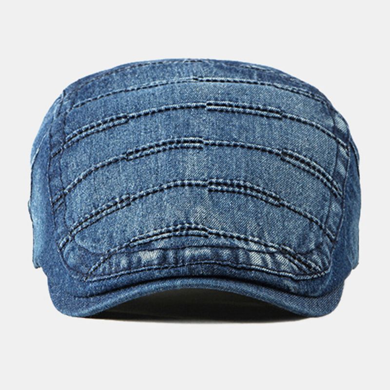 Męska CZapka Gazeciarza Washed Denim Solidne Paski Szwy Casual Forward Kapelusz Beret Płaskie Cap