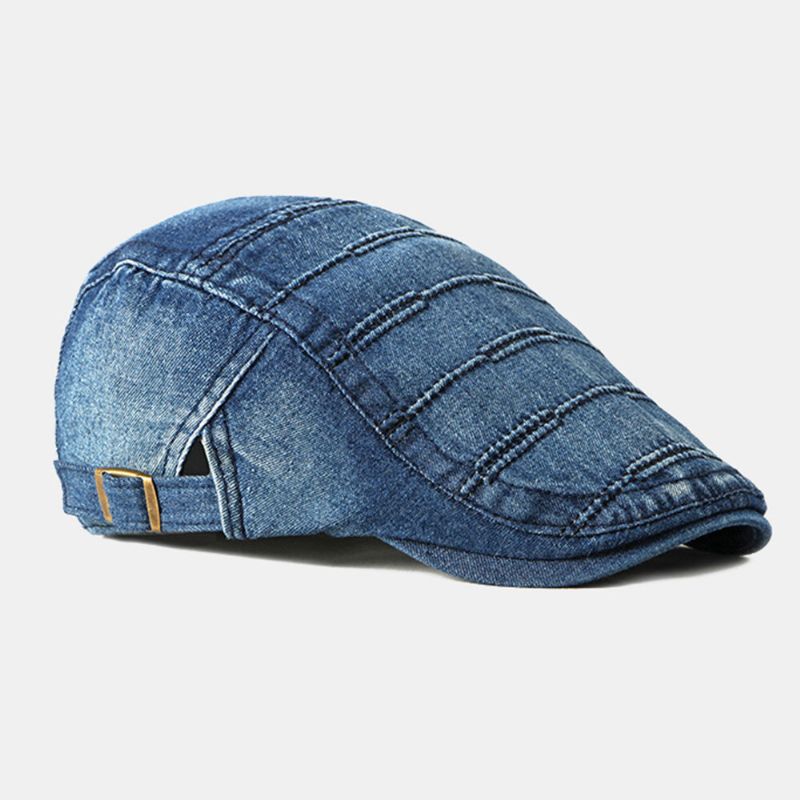 Męska CZapka Gazeciarza Washed Denim Solidne Paski Szwy Casual Forward Kapelusz Beret Płaskie Cap