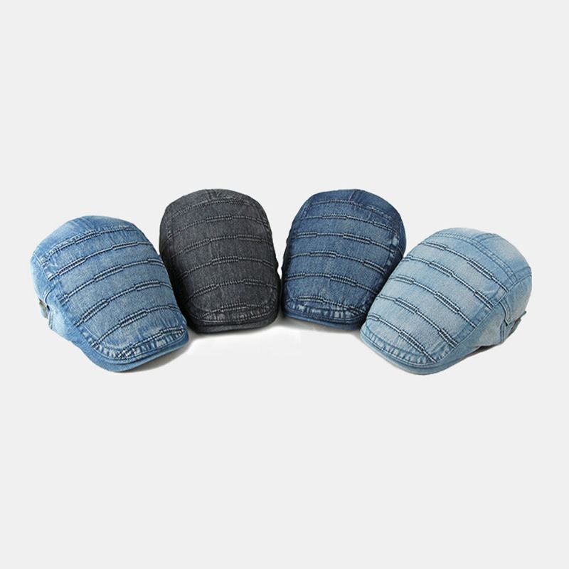 Męska CZapka Gazeciarza Washed Denim Solidne Paski Szwy Casual Forward Kapelusz Beret Płaskie Cap