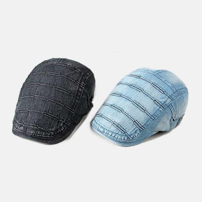 Męska CZapka Gazeciarza Washed Denim Solidne Paski Szwy Casual Forward Kapelusz Beret Płaskie Cap